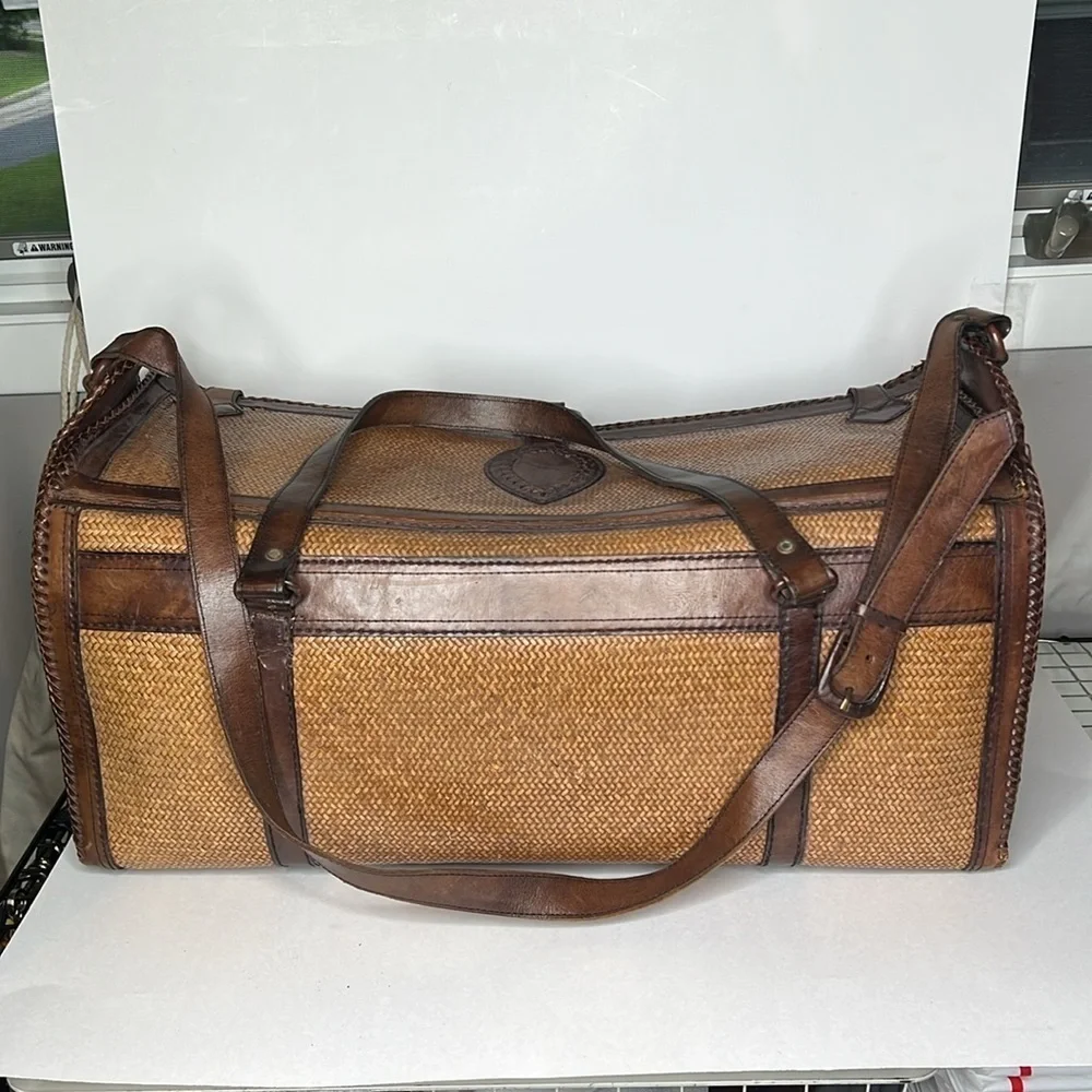Leather Tightly Woven Wicker Extra Large Double Handle Shoulder Strap Travel Bag